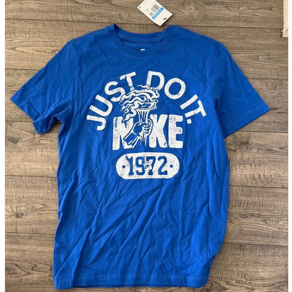 NWT Nike T-Shirt Just Do It Crew Neck Short Sleeve Regular Fit Blue White Size M - Picture 4 of 7